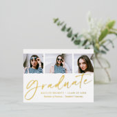 Trendy Script 3 Foto Abschluss Real Folie Einladungspostkarte (Stehend vorne)