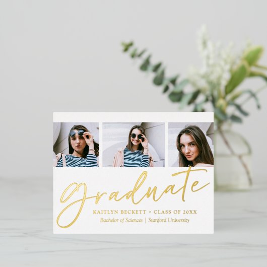 Trendy Script 3 Foto Abschluss Real Folie Einladungspostkarte (Stehend vorne)