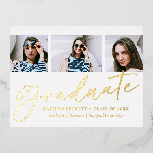 Trendy Script 3 Foto Abschluss Real Folie Einladungspostkarte (Vorderseite)