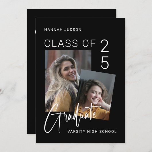 Trendy Script Black 2 Fotos Graduation Party Ankündigung (Vorne/Hinten)