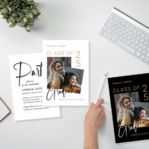 Trendy Script Black & White Foto Graduation Party Einladung