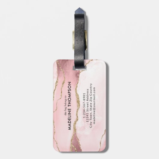 Trendy Script Blush Pink Agate Geode Gold Monogram Gepäckanhänger (Rückseite vertikal)