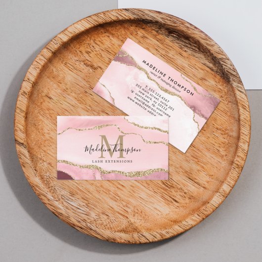Trendy Script Blush Pink Agate Geode Gold Monogram Visitenkarte