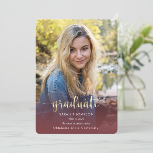 Trendy Script Burgundy Foto Collage Abschluss Ankündigung (Stehend Vorderseite)