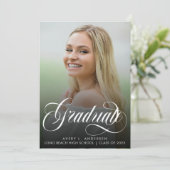 Trendy Script Calligraphy White Overlay Abschluss Ankündigung (Stehend Vorderseite)