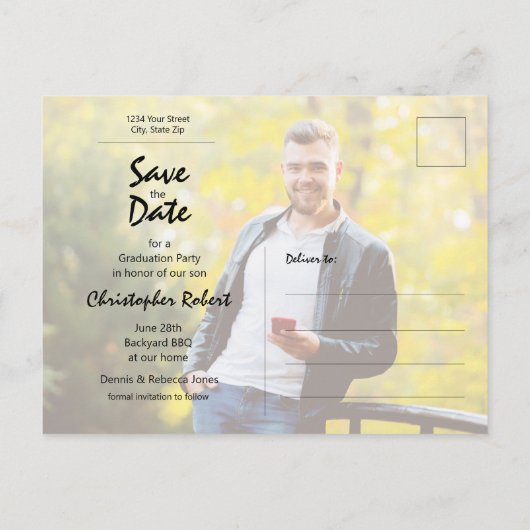 Trendy Script Foto Abschluss Save the Date Postkarte (Rückseite)