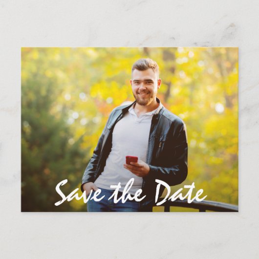 Trendy Script Foto Abschluss Save the Date Postkarte (Vorderseite)