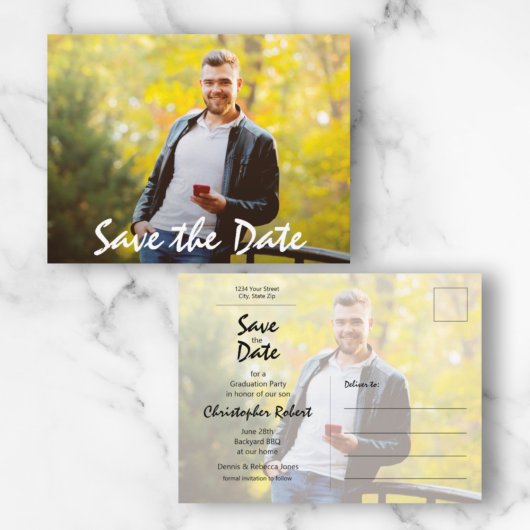 Trendy Script Foto Abschluss Save the Date Postkarte