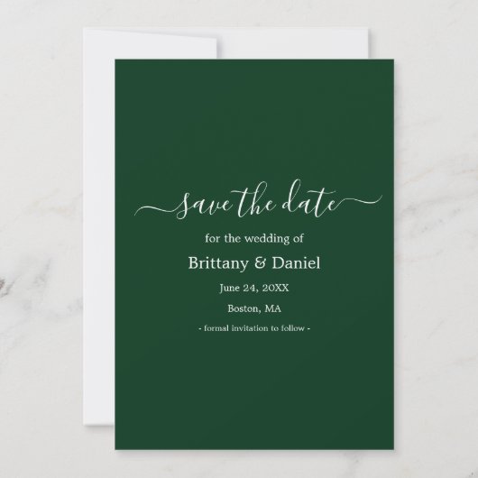 Trendy Script Getried Forest Green Save The Date (Rückseite)