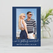 Trendy Script Getting Married Navy Blue Save The Date (Stehend Vorderseite)