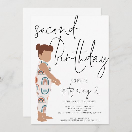 Trendy Script Girl Rainbows 2. Geburtstag Einladung (Vorne/Hinten)