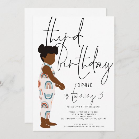 Trendy Script Girl Rainbows Dark Hair 3. Geburtsta Einladung (Vorne/Hinten)
