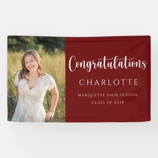 Trendy Script Maroon Abschluss Foto Banner (Horizontal)