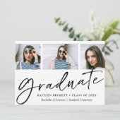 Trendy Script Minimalistisch 3 Foto Abschluss Ankündigung (Stehend Vorderseite)