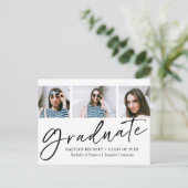 Trendy Script Minimalistisch 3 Foto Abschluss Ankündigungspostkarte (Stehend Vorderseite)