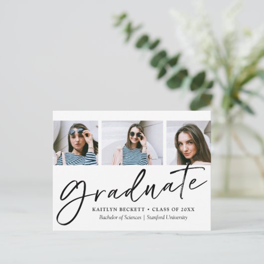 Trendy Script Minimalistisch 3 Foto Abschluss Ankündigungspostkarte (Stehend Vorderseite)