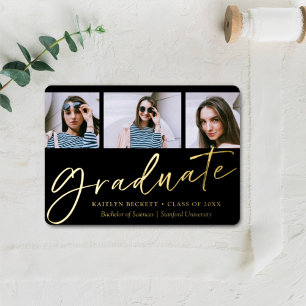 Trendy Script Minimalistisch 3 Foto Abschluss Real Folieneinladung