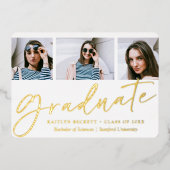 Trendy Script Minimalistisch 3 Foto Abschluss Real Folieneinladung (Vorderseite)