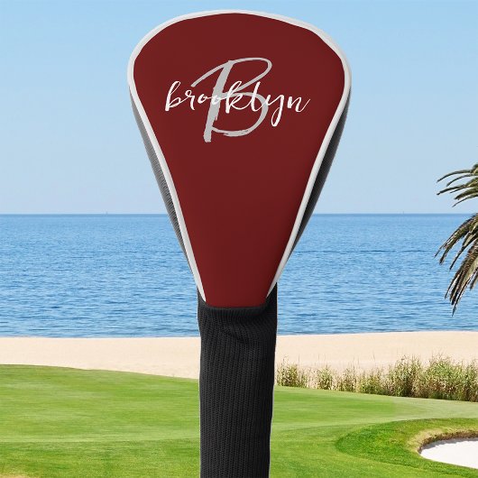 Trendy Script Monogram Burgundy Gray White Golf Headcover
