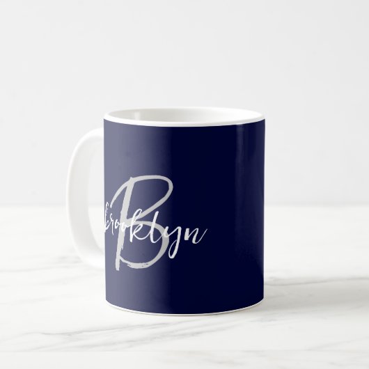 Trendy Script Monogram Navy Blue Gray White Kaffeetasse (Vorderseite Links)