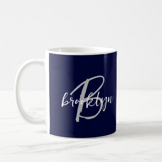 Trendy Script Monogram Navy Blue Gray White Kaffeetasse (Links)