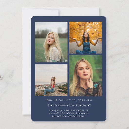 Trendy Script Navy Blue Foto Collage Abschluss Ankündigung (Rückseite)