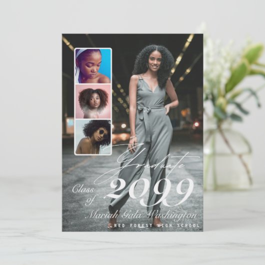 Trendy Script Overlay 4 Foto Collage Abschluss Ankündigung (Stehend Vorderseite)