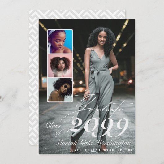 Trendy Script Overlay 4 Foto Collage Abschluss Ankündigung (Vorne/Hinten)