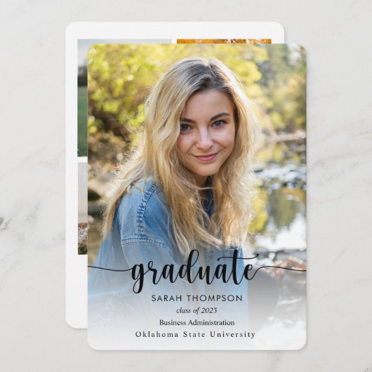 Trendy Script Schwarz-weiß Foto Collage Abschluss Ankündigung (Vorne/Hinten)