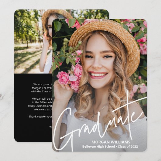 Trendy Script Text, Graduate Add Pic Abschluss Ankündigung (Vorne/Hinten)