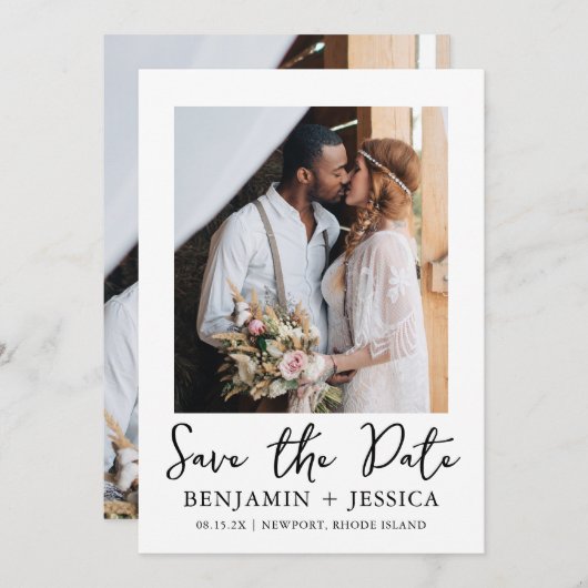 Trendy Script Two Foto Wedding Save the Date (Vorne/Hinten)
