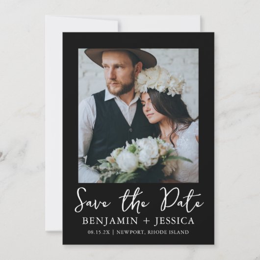 Trendy Script Two Foto Wedding Save the Date (Vorderseite)