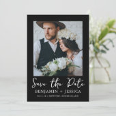 Trendy Script Two Foto Wedding Save the Date (Stehend Vorderseite)
