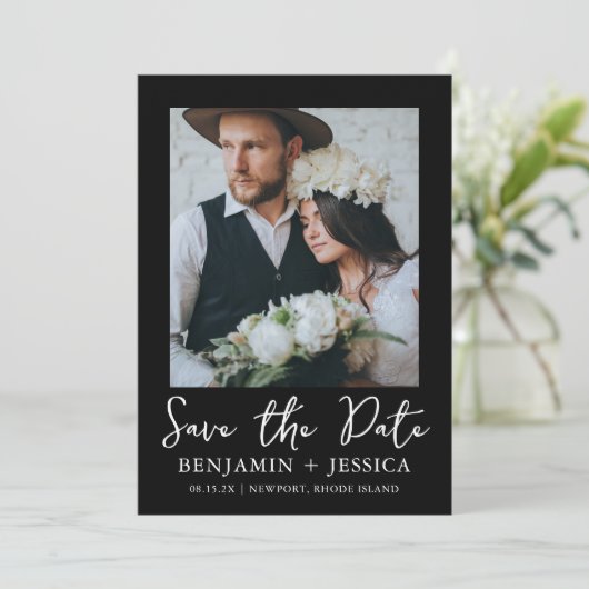 Trendy Script Two Foto Wedding Save the Date (Stehend Vorderseite)