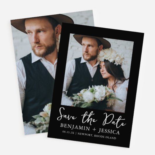 Trendy Script Two Foto Wedding Save the Date