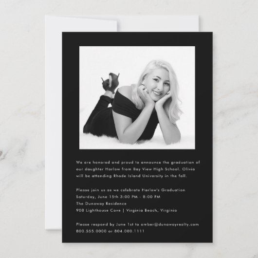 Trendy Script White Overlay Zwei-Foto-Abschluss Ankündigung (Rückseite)