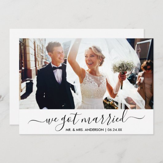Trendy Script Wir Got Verheiratete Foto Wedding Ca Dankeskarte (Vorne/Hinten)