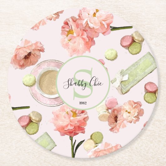 Trendy Shabby Chic Peonies and Macarons Set Runder Pappuntersetzer (Vorderseite)