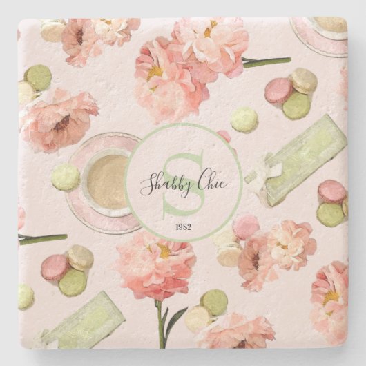 Trendy Shabby Chic Peonies and Macarons Set Steinuntersetzer (Vorderseite)