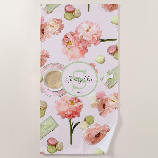 Trendy Shabby Chic Peonies and Macarons Set Strandtuch (Vorderseite)
