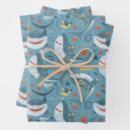 Trendy Shark gibt Geburtstag grünes blaues Meer Geschenkpapier Set