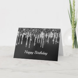 Trendy Silver Black Glitter Drips Graphic Birthday Karte