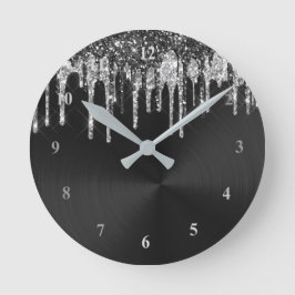 Trendy Silver Black Glitter Drips Graphic Runde Wanduhr