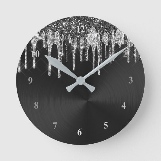Trendy Silver Black Glitter Drips Graphic Runde Wanduhr (Vorderseite)