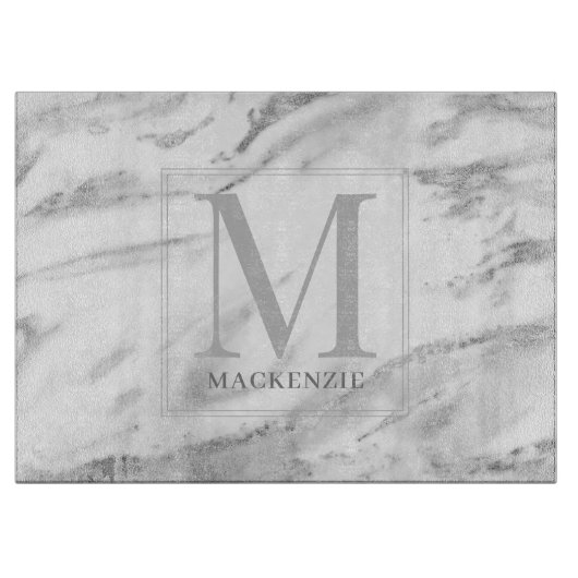 Trendy Silver Foil Metallic Marmormonogramm Schneidebrett (Vorderseite)