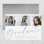 Trendy Silver Foil Script 3 Foto Abschluss Ankündigung (Vorne/Hinten)