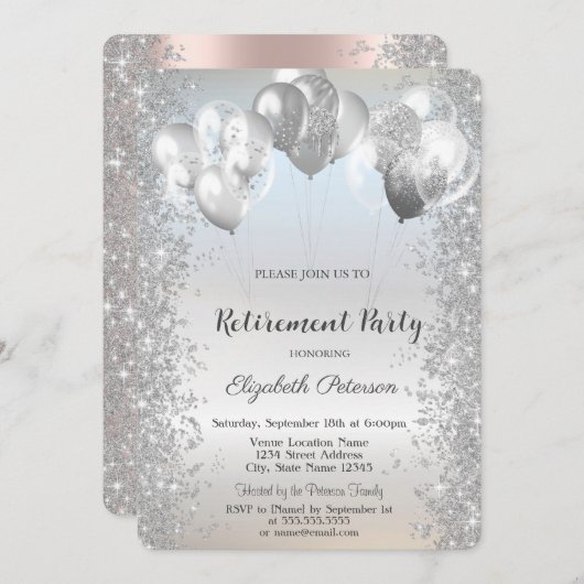 Trendy Silver Glitzer Confetti Balloons Retirement Einladung (Vorne/Hinten)