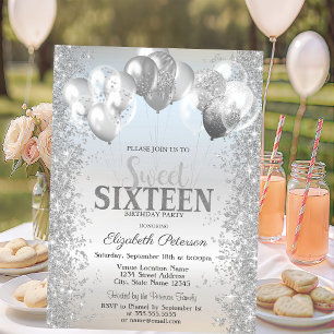 Trendy Silver Glitzer Confetti Balloons Sweet 16 Einladung