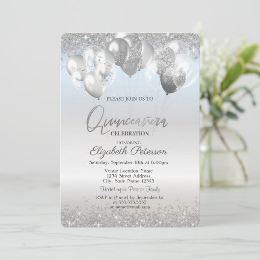 Trendy Silver Glitzer Diamonds Balloons Einladung (Stehend Vorderseite)