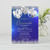 Trendy Silver Glitzer Diamonds Balloons Navy Blue Einladung (Stehend Vorderseite)